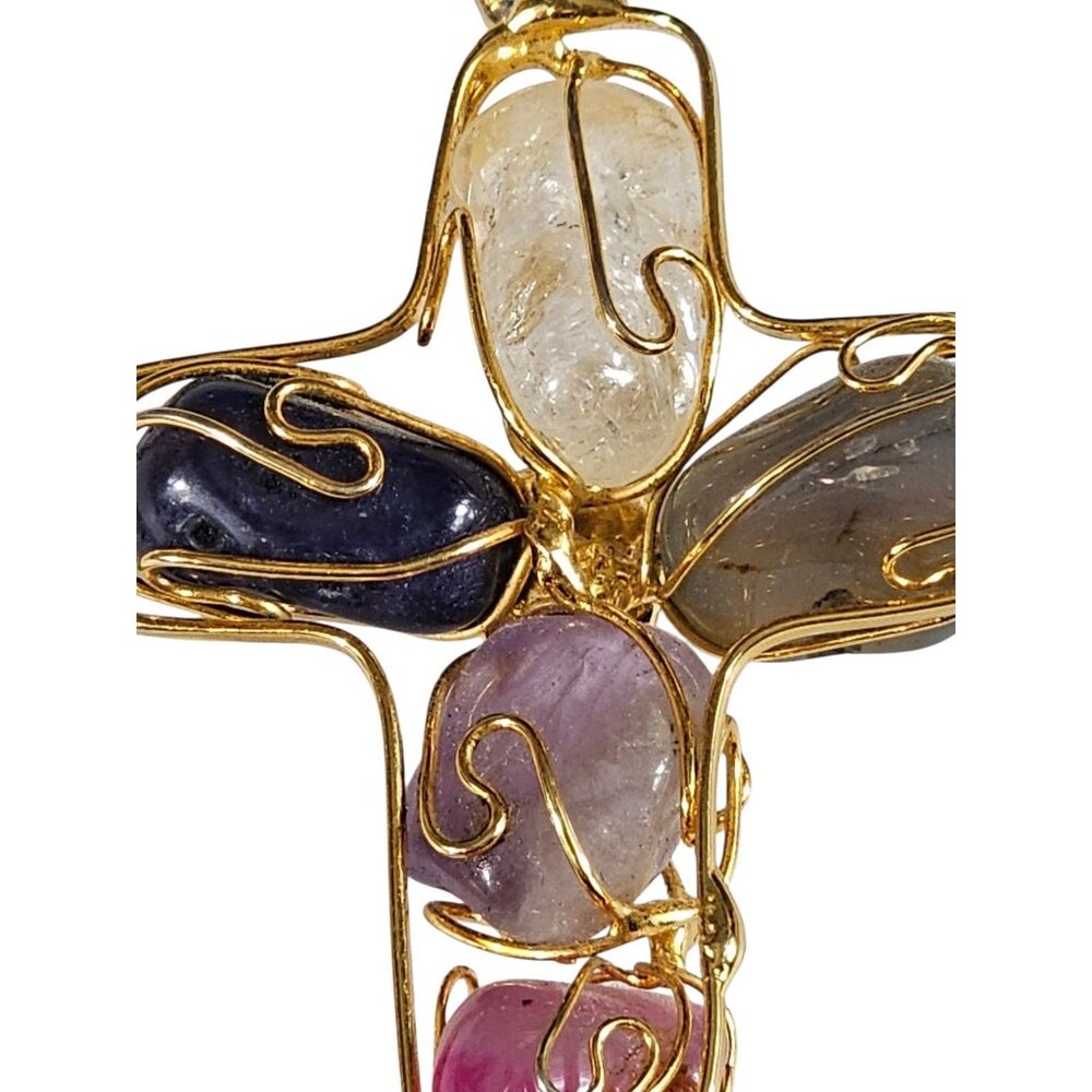 Multi Stone Cross Pendant Gold Tone Wire Wrapped Amethyst Quartz Agate Boho 3in - Picture 7 of 7